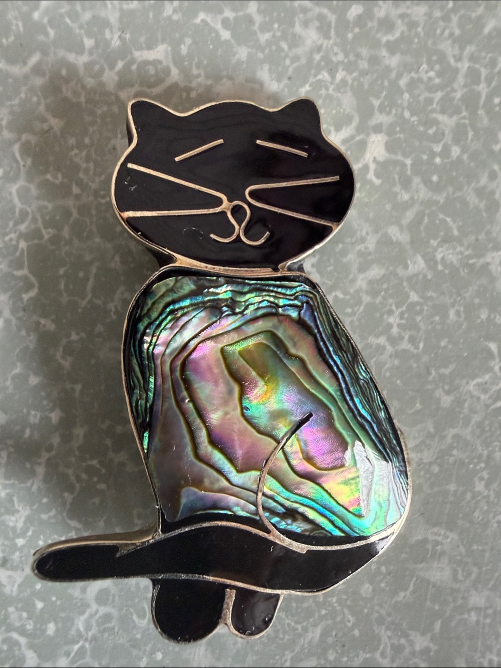 Vintage Alpaca Silver Abalone Shell Black Cat Brooch Pin Mexico